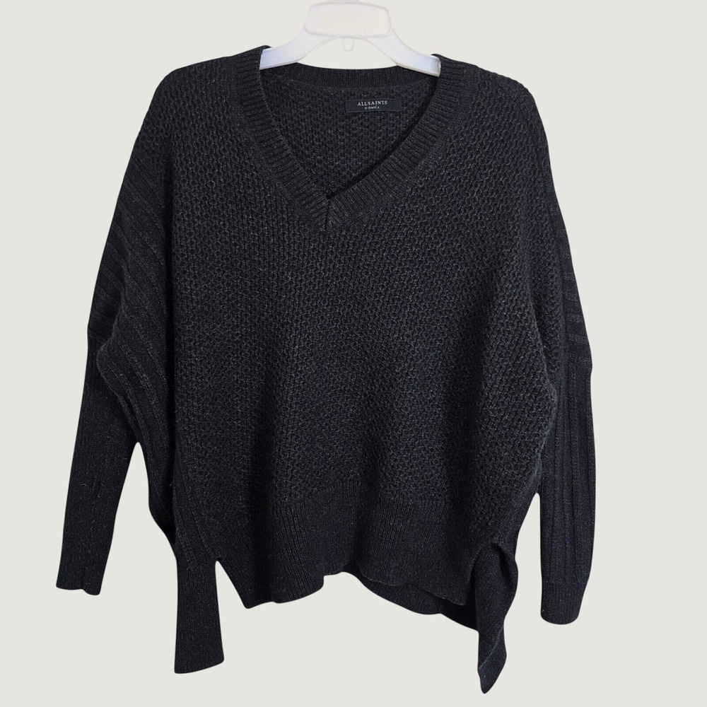 AllSaints Black V-Neck Oversized Waffle Knit Sweater XS Drop Shoulder High-Low